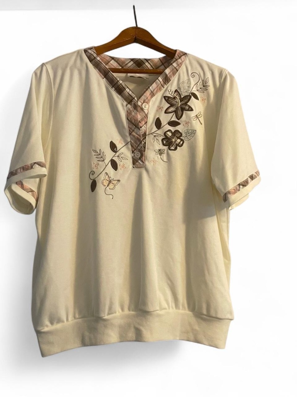 Bonworth L Vintage 90s Cream Brown Embroidered Plaid Flora Dragonfly Summer Top